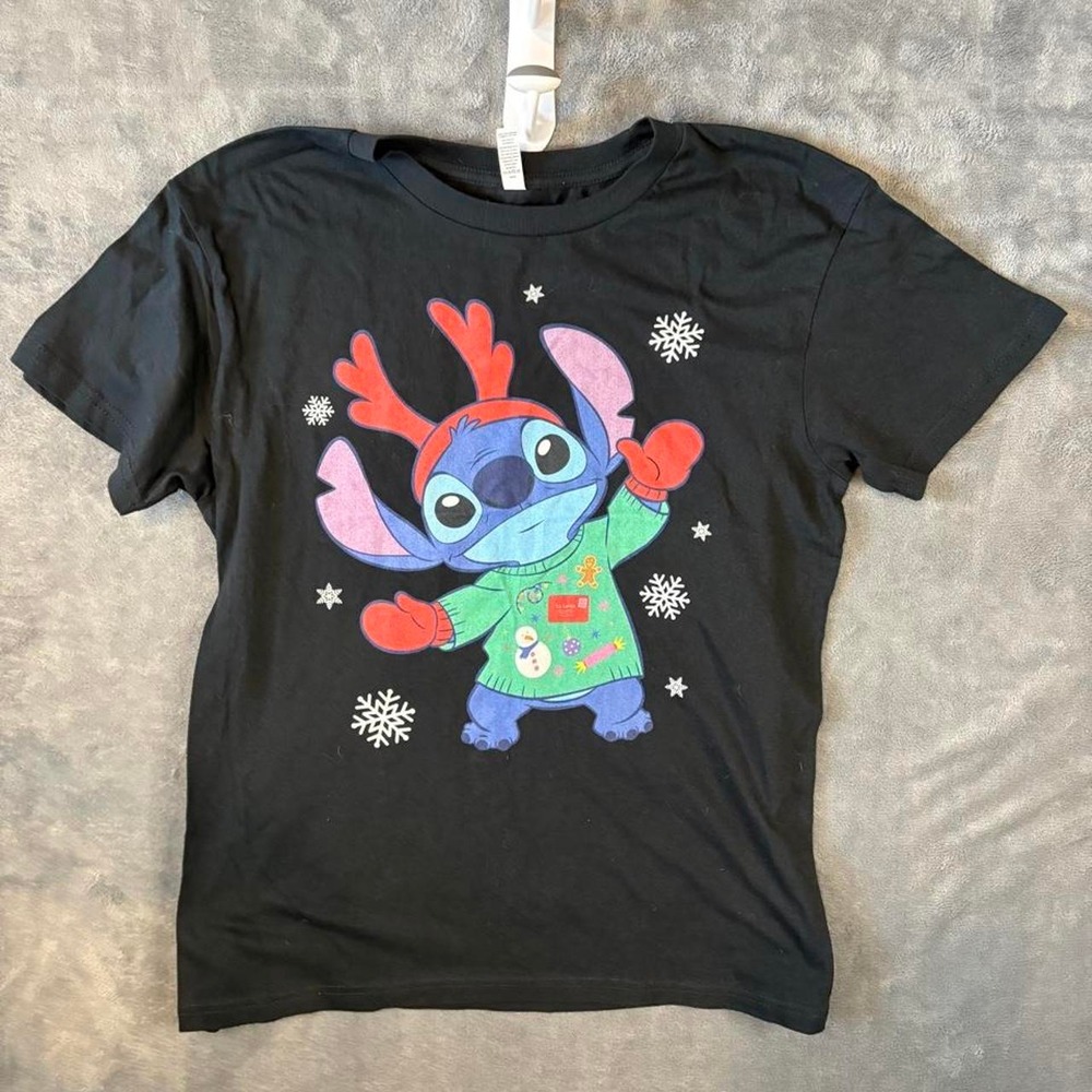 Disney Stitch Christmas Graphic T-Shirt Black Holiday Sweater Lilo & Stitch L